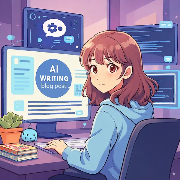 여러 화면을 사용하는 여성 블로거가 자동으로 블로그 글을 작성하는 AI와 함께 작업하는 모습