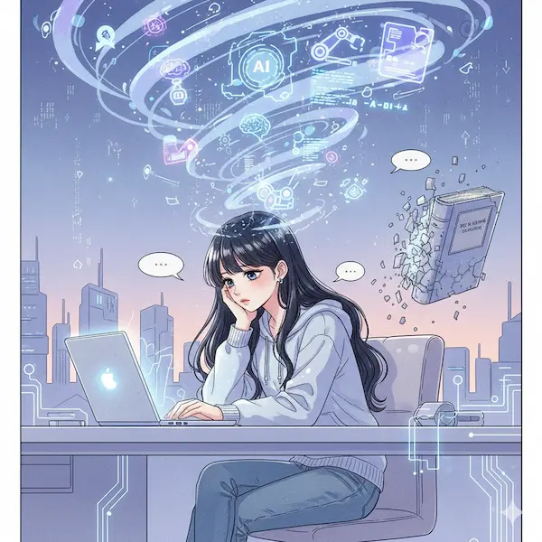 AI 시대 개발 블로그 운영의 어려움을 표현한 애니메이션 스타일의 썸네일 이미지