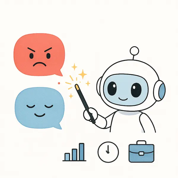 AI 말투 변환 로봇이 마법 지팡이로 화난 빨간 말풍선을 차분한 파란 말풍선으로 바꾸는 모습. 말풍선과 비즈니스 아이콘이 흰 배경 위에 배치된 미니멀한 애니메이션 스타일의 일러스트