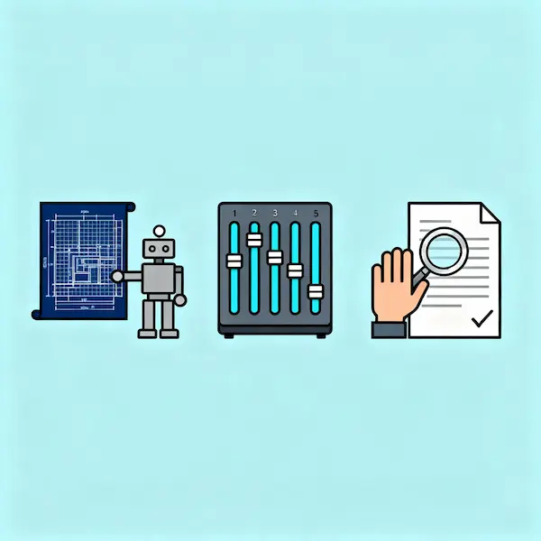 AI 글쓰기 도우미를 효과적으로 사용하는 3가지 팁을 상징하는 인포그래픽. 로봇에게 구체적인 설계도를 전달하고, 이퀄라이저로 톤을 미세 조정하며, 돋보기로 최종 결과물을 검토하는 아이콘이 나란히 배치되어 있음