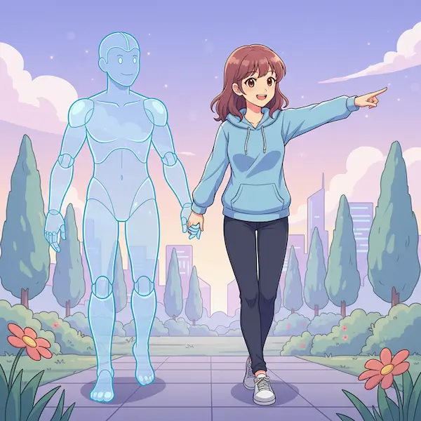 여성 블로거가 AI의 손을 잡고 함께 걸으며 한 쪽 방향을 가리키는 모습