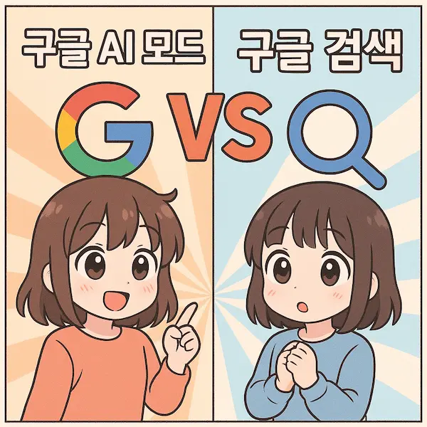 귀여운 일본 애니메이션 스타일의 이미지로, 구글 AI 모드와 구글 검색을 비교하는 일러스트. 두 명의 캐릭터가 각각 구글 AI 모드와 구글 검색을 상징하며 'VS' 문구로 대비를 표현한 썸네일.